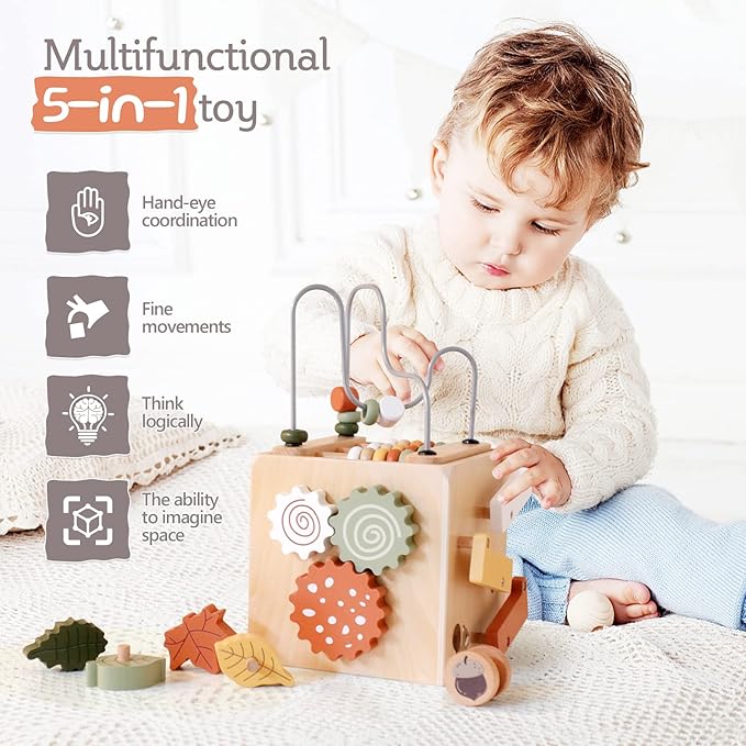 ibwaae 5 in 1 Wooden Activity Cube Play Center Bead Maze Leaves Shape Sorter Learning Montessori Toys for Toddlers 1-3 Early Educational Developmental Learning Toys for Kids