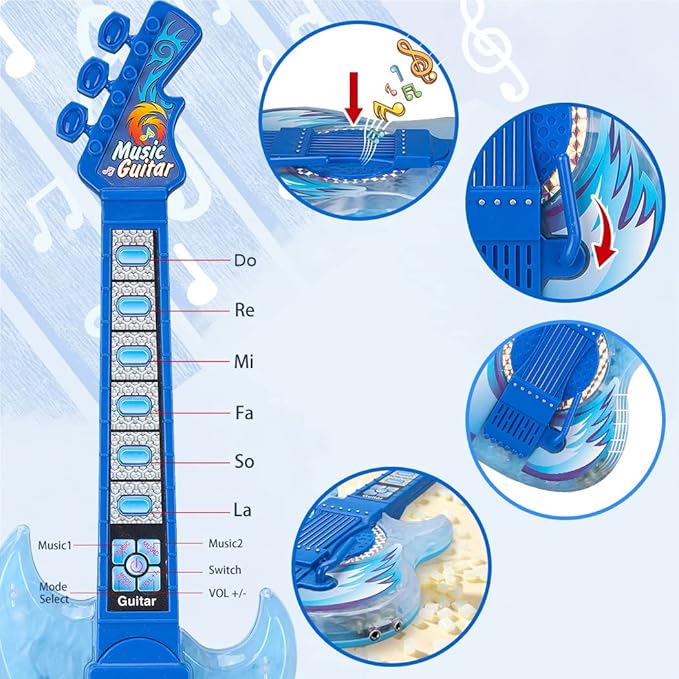 TAKIHON Guitar and Microphone Set for Kids,Guitar Toys with Music&Colorful Light,Adjustable Height Microphone with Stand,Karaoke Toys Gift for Boy,Girls,Toddlers(Blue)-Upgraded