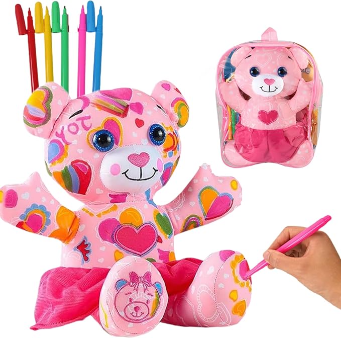 Coloring Plush Toy with 5 Washable Markers for Little Girls Doodle Dolls for Kids Ages 4-6 Birthday (Pink Bear)