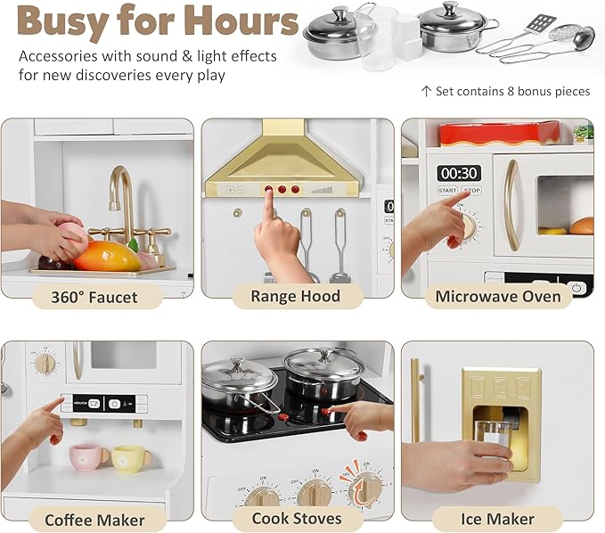 Kids Kitchen Playset, Wooden Play Kitchen with Toy Storage System, Pretend Play Kitchen Set Toy with Range Hood, Ice Maker & Coffee Maker, for Kids Ages 3+, White