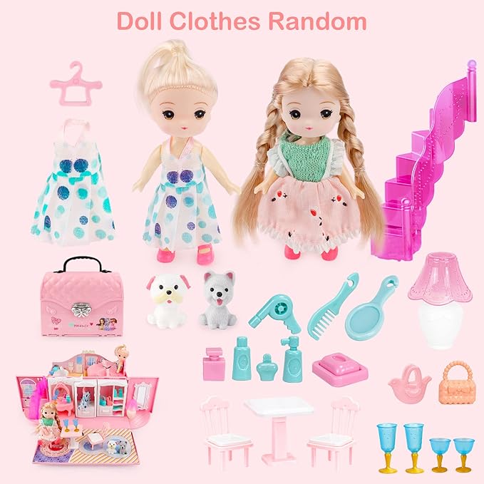 deAO Dollhouse Portable Backpack for Girls Pretend Playhouse with Furniture & Figures 2 in 1 Playhouse Set Birthday Toys for Age 3-6 Year Old Kindergarten Toddlers Preschoolers