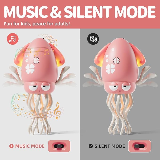 Electric Crawling Octopus Toy with LED Lights & Music, Smart Obstacle Avoidance, Interactive Auto-Dance Octopus for Gifts, Toddlers, Indoor Fun, Brings Endless Giggles (Pink)
