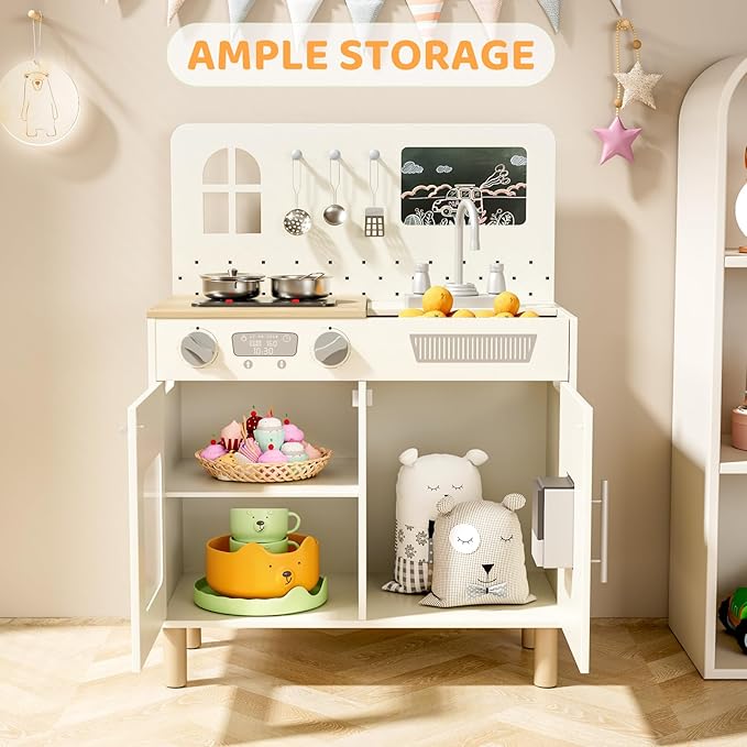 MAMIZO Play Kitchen for Kids, Pretend Playset with Blackboard & Realistic Lights & Sounds, Ultimate Interactive Wooden Kitchen with Knob Sounds, Sink, Water Dispenser, 6 Pcs Cookware for Ages 3+,Cream