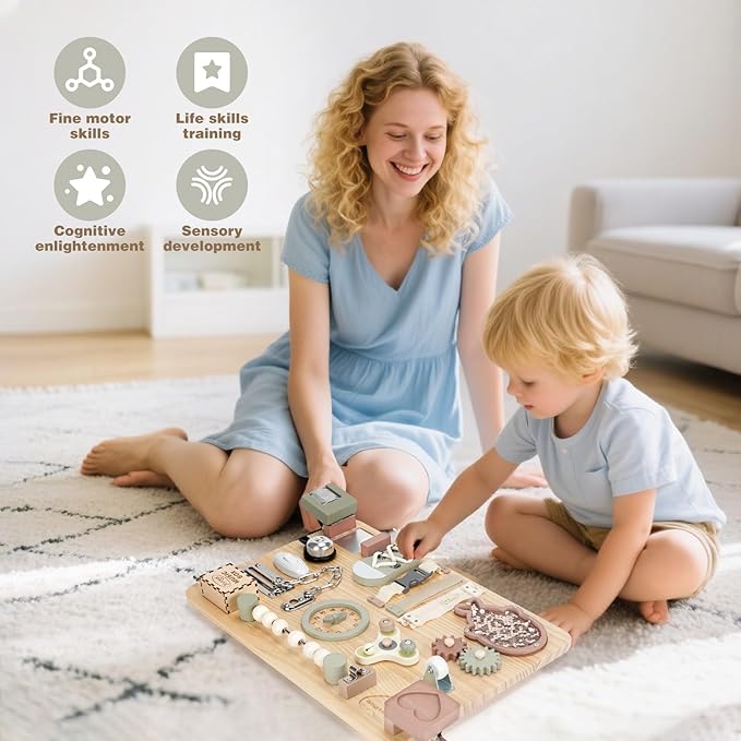 Joyreal Montessori Large Busy Board with Stand, Montessori Sensory Toys for Fine Motor Skills, Wooden Fidget Activity Board for Toddlers, Gifts for Boys Girls (Large Neutral)