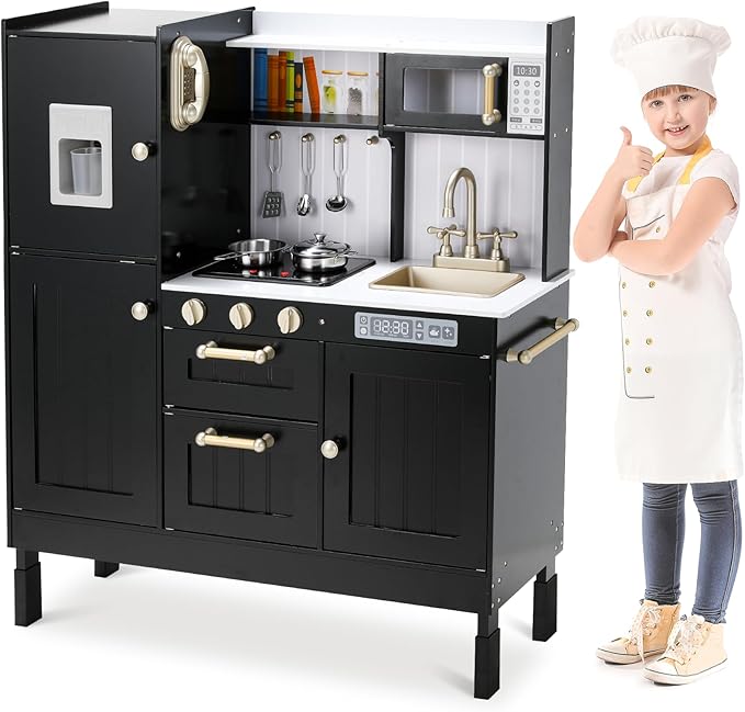 Wooden Play Kitchen for Kids, Toddler Vintage Kitchen Toy Set w/Pretend Phone, Ice Maker, Towel Rack, Height Adjustable Realistic Playset Chef w/Light & Sound (Black)
