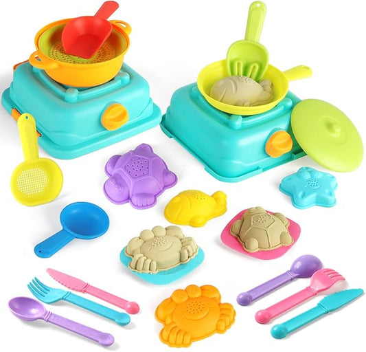 Beach Sand Toys for Toddlers, Seaside Sand Cooking Play Set, Kids Sandbox Toys with Sand Molds and Shovels, Mesh Bag, Baby Boys Girls Outdoor Toys Travel Beach Essentials