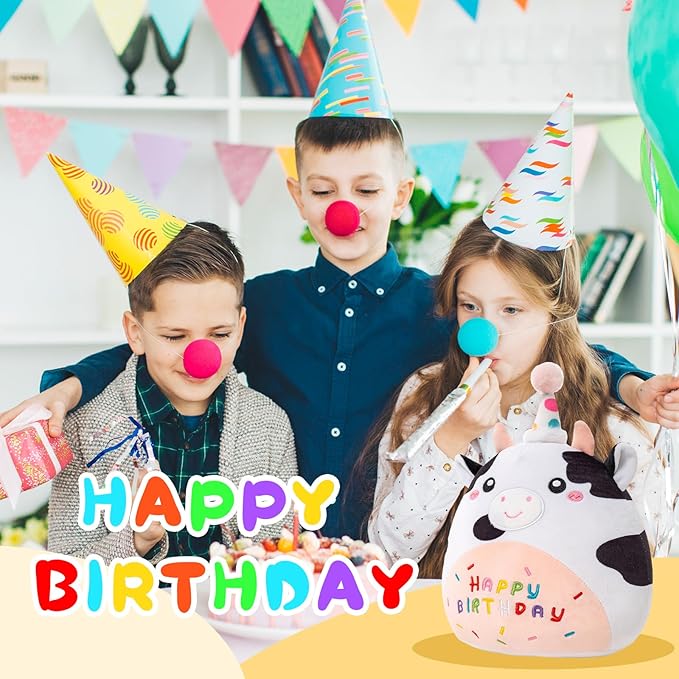 SQEQE Cow Stuffed Animal Kawaii Cow Plushie with Birthday Hat Soft Cow Stuffed Toy Birthday Party Decoration Gift for Kids Girls Boys(Dairy Cow,10 Inch)