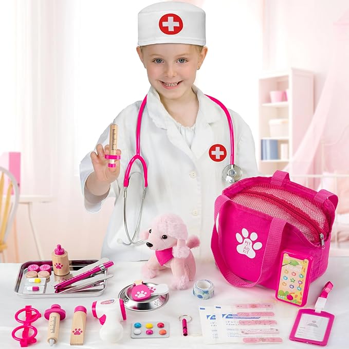 Doctor Kit for Girls, 36 Pcs Veterinarian Playset for Kids, Doctor Kit for Toddlers 3-5 with Dog Toy & Real Stethoscope, Kids Vet Kit Pretend Play Doctor Toys, Doctor Play for Boys Girls