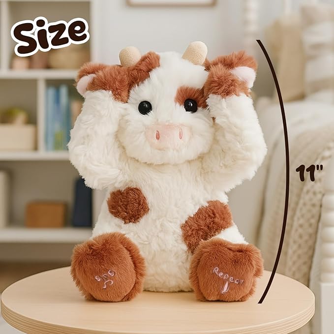 Hopearl Peek A Boo Cow Interactive Repeats What You Say Plush Diary Cattle Toy Musical Singing Talking Stuffed Animal Adorable Electric Animate Gift for Toddlers, Brown, 11''