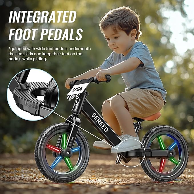 SEREED Toddler Balance Bike 2 Year Old, No Pedal Kids Bicycle Toys for 2-5 Years Old, Tool-Free Adjustment, Customize Plate with Stickers, Gift for 2-3 Boys Girls (Black Lighting)