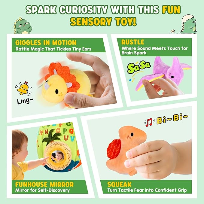 FREYBLI Baby Toys 6-12 Months - Soft Dinosaur Toy with Rattle, Crinkle Paper, Squeaker, Mirror - Baby Sensory Montessori Toys for 6 Month Old Developmental, 1 Year Old Boy Girl Gifts Toys