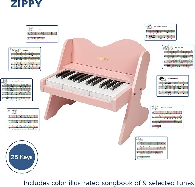 ZIPPY Kids Piano Keyboard, 25 Keys Digital Piano for Kids, Volume Adjustable, Mini Music Educational Instrument Toy, Wood Toy for Toddlers Girls Boys (Pink)