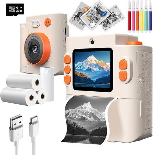 Wembley Kids Instant Print Camera with Dual Lens, 48MP, 1080P HD, 2.4" IPS Screen, 16X Zoom, 32GB SD Card, Thermal Printing, 6 Pens, 4 Rolls, USB Type-C, for Girls & Boys- Cream