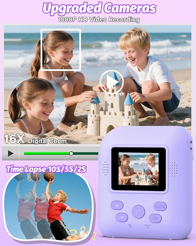 Kids Camera Instant Print Photo, Portable Thermal Printing Camera Toy with HD Digital Video, for 3-12 Years Old Boys Girls, Creativity & Learning (Purple)