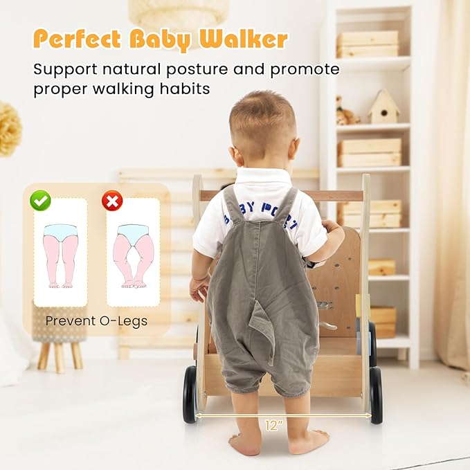 HONEY JOY Baby Push Walker, Wooden Infant Walker Activity Center with Shape Sorter, Develop Motor Skills & Creativity, Push Toys for Babies Learning to Walk, Gift for Boys and Girls, Blue