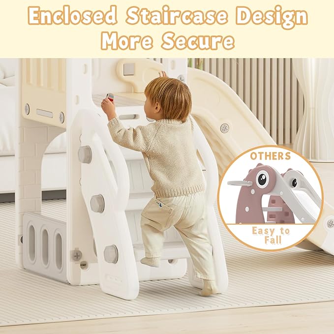 XJD 5 in 1 Toddler Slide, Kids Slide for Toddlers Age 1-3, Outdoor Indoor Playset for Toddlers with Basketball Hoop and Ball, Storage Space Christmas Birthday Gifts for Toddler (Beige)