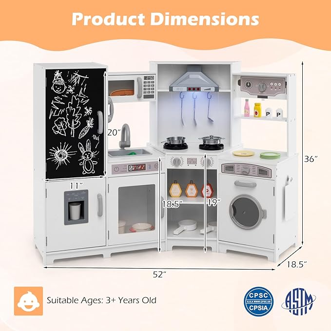 GLACER Corner Wooden Play Kitchen for Kids, Large Pretend Play Kitchen Playset with Sound, Light, Chalkboard, Microwave, Ice Maker, Washing Machine, Accessories, Toy Kitchen Set for Ages 3+ (White)