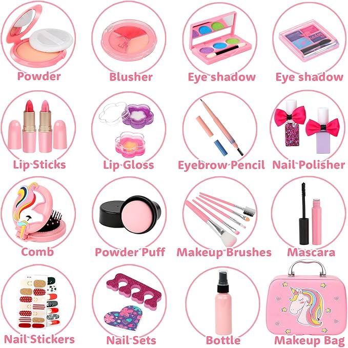 Kids Makeup Kit for Girl, Washable Make Up Set Girl Toys, Real Girls Makeup Kit, Princess Children Toddler Make Up Set with Cosmetic Case Christmas Birthday Gift for Girls Age 4 5 6 7 8 Year Old