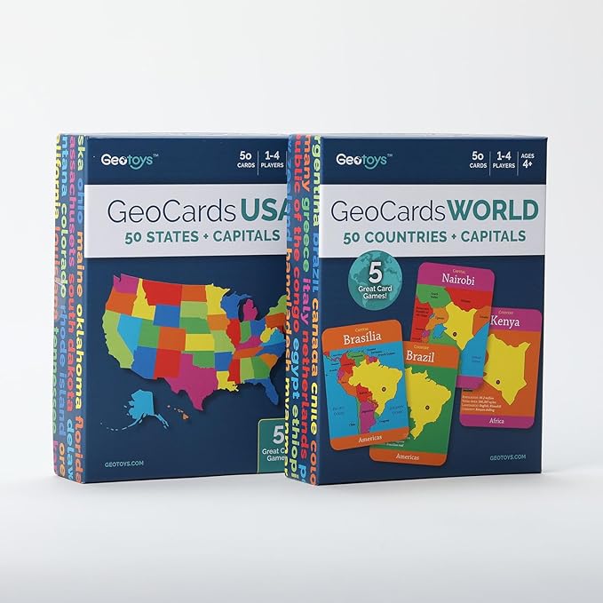 Geotoys GeoCards, Bundle of World & USA Flash Cards Geography Game, Kid Card Games for Families, Home, School & Travel - Fun Kid Games Ages 4 and Up