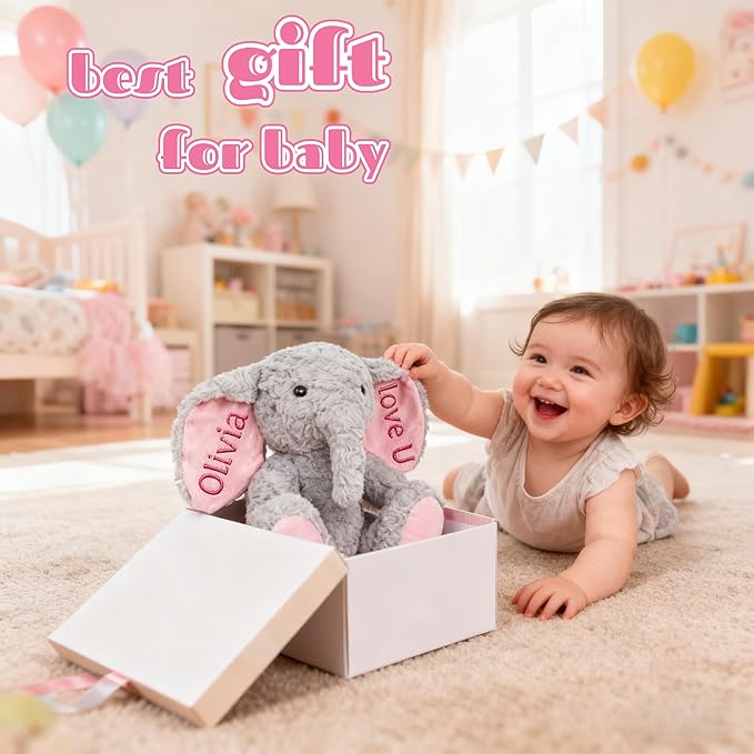 Personalized Elephant Stuffed Animals for Babies, Custom Plush with Embroidered Name, Stuffed Elephant Toys for 3 Years Old Girl Gifts, Birthday Easter for Baby Boys Girls Toddlers Newborn