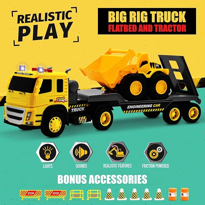 MOBIUS Toys Flatbed & Excavator Truck Set – 2-in-1 Friction-Powered Construction Vehicles with Lights & Sounds – Durable Push-and-Go Toy Trucks for Kids Ages 3–7 – Indoor & Outdoor Playset