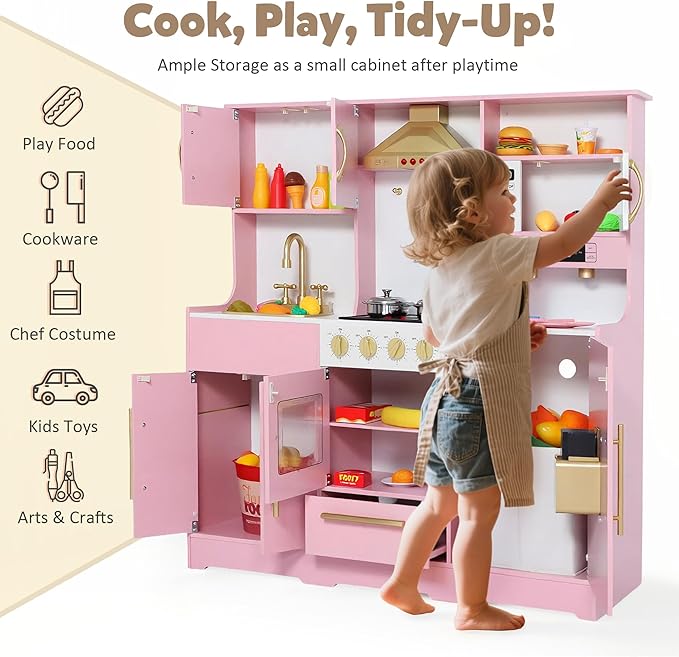 Kids Kitchen Playset, Wooden Play Kitchen with Toy Storage System, Pretend Play Kitchen Set Toy with Range Hood, Ice Maker & Coffee Maker, for Kids Ages 3+, Pink