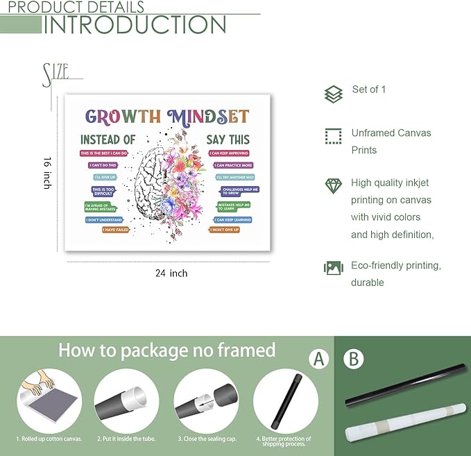 uoyien Classroom Growth Mindset Affirmations for Kids Mental Health Posters Brain Poster Psychology Special Education Calm Corner Wall Art Office Therapy Canvas Wall Decor Prints 16x24in Unframed
