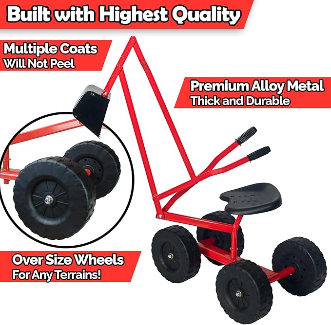 WONKAWOO Monster Wheel Sand Digger for Kids, 360° Rotation Metal Crane Excavator Backhoe Ride On Toy for Beach, Sandbox Digging and Outdoor Playground