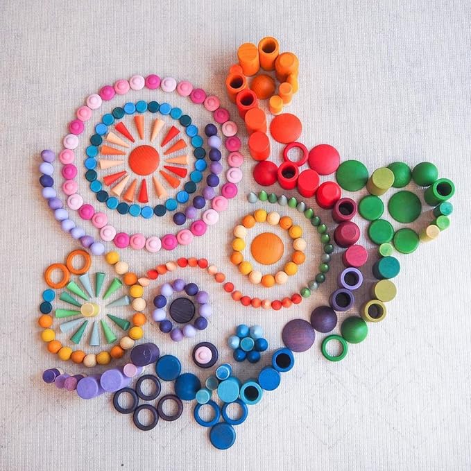 Candywood Large Set Full Rainbow Color Style Wooden Loose Parts Sensory Play Toys, Mandala 7 Shapes, 27 Colors, Stacker Nesting Toys Parts(81 PCS)…