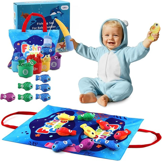 Toddler Montessori Toys for 1 2 Year Old Birthday Gifts for Boys Girls, Toddler Xmas Gift Fishing Game Toys 1-3 with Stacking Cups, Counting & Color Learning, 1st Present for One Year Old