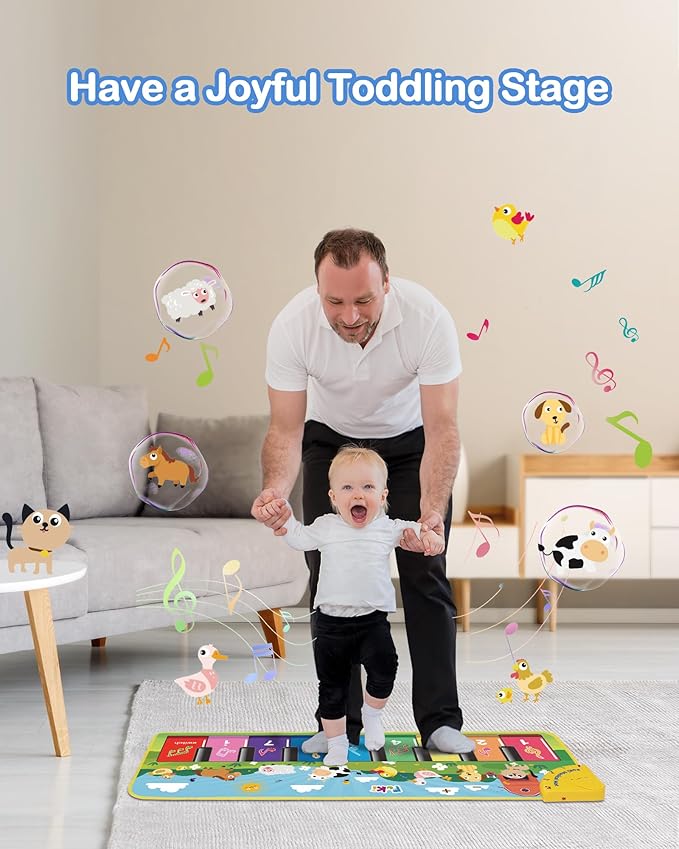 FOKI Floor Piano Mat for Toddlers, Sensory Educational Dancing Musical Keyboard Carpet Toy, Animal Sounds Touch Playmat Blanket, for 1 to 5 Years Old Boy and Girl