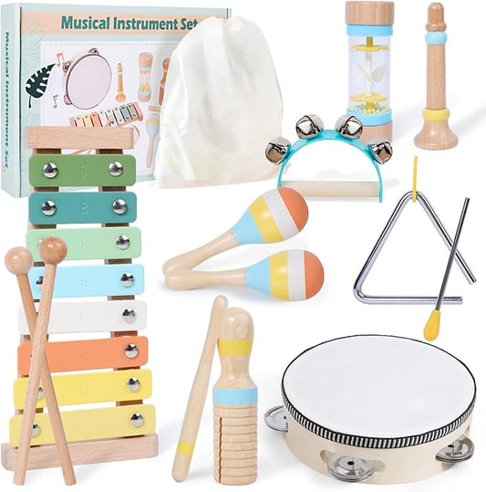 Baby Musical Instruments Wooden Montessori Toys for Toddlers 1-3, Neutral Colors Boho Wooden Montessori Toys Xylophone Instruments Set with Storage Bag for 1 2 3 Year Old Kids Baby Toddlers Boys Girls