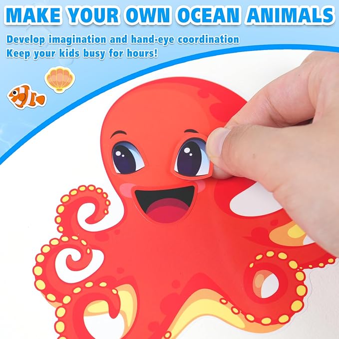 Aowplc 42 Pcs Ocean Animals Make-a-Face Sticker Sheets for Kids - 14 Sea Creature Designs for Party Favors, Classroom Activities, Arts & Crafts