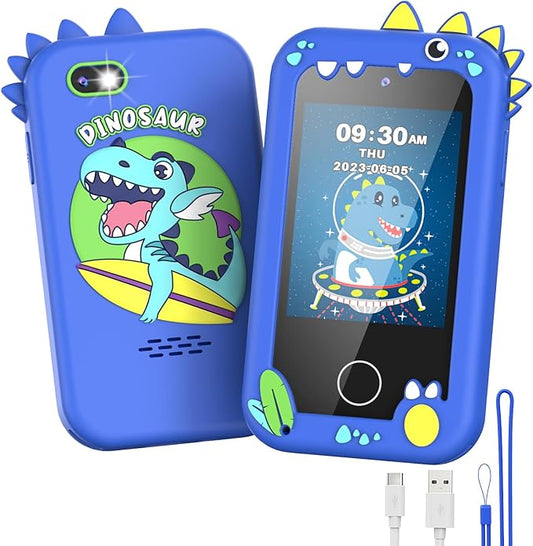 UCIDCI Dinosaur Kids Smart Phone Toys for Boy Dual Camera & Music Player Toddler Selfie Phone Toys Road Trip Toys with Learning Games, Christmas, Birthday Gifts for 3 4 5 6 7 Year Old Blue