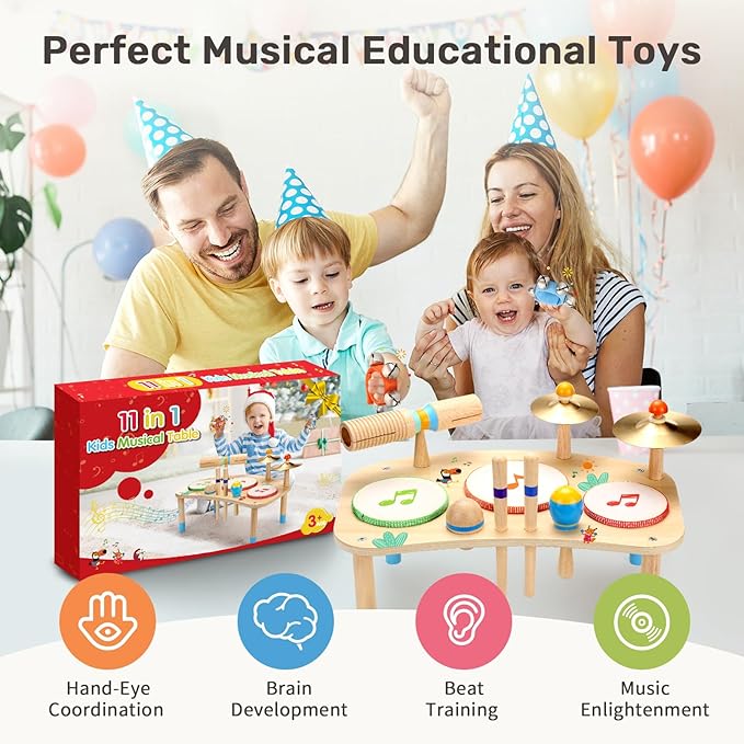 WINGYZ 11-in-1 Kids Drum Set – Montessori Baby Musical Toys & Wooden Musical Instruments for Toddlers 1-3, Music Table with Bongo Drums, Cymbals, Maracas & Wrist Bells for Early Rhythm Play