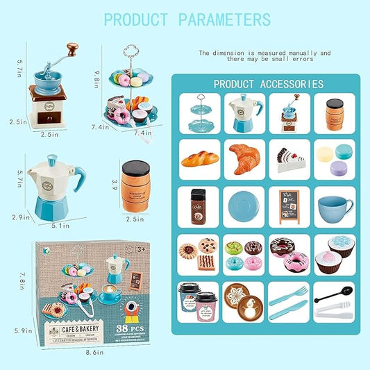 Pretend Tea Party Set for Little Girls, 38 PCS Coffee Maker Set and Play Food Dessert Set for Kids Age 3 4 5 6 7 8 9, Kids Kitchen Pretend Play for Princess Girls Boys