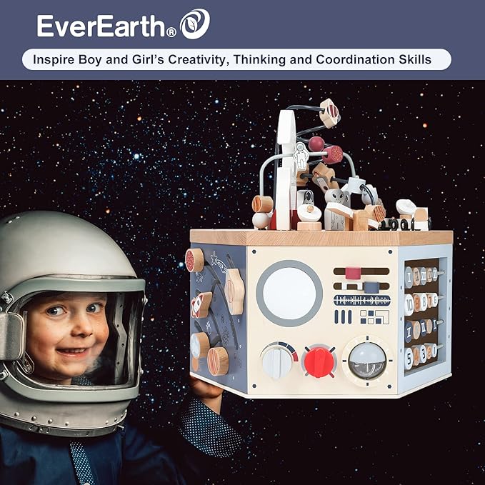 Wooden Activity Cube with Bead Maze, Space Activity Cube for Toddlers 1-3 Girls Boys Multi Play Educational Learning Montessori Cube Toddler Toy Wood Shape Color Sorter - FSC Certified