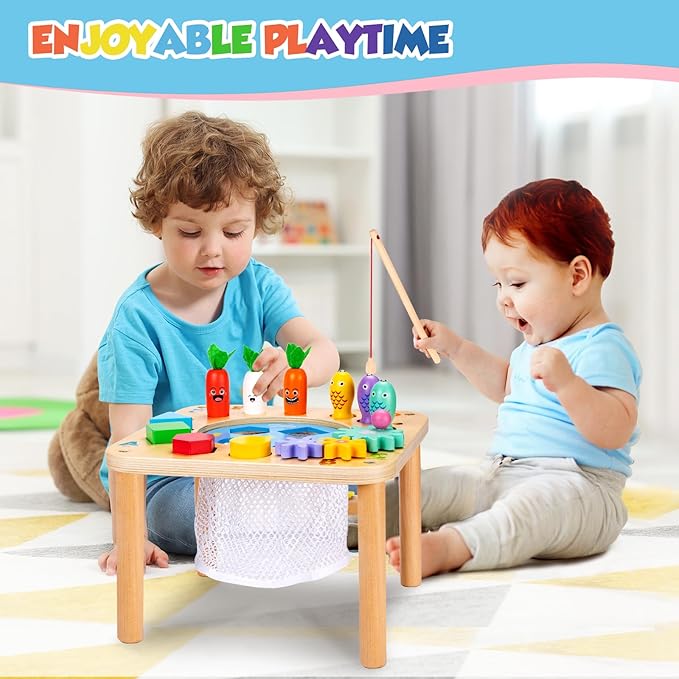 wingyz Activity Table, 6 in 1 Wooden Montessori Activity Center with Bead Maze Shape Sorter Fishing Game, Kids Sensory Play Table Toddler Toys 1st Birthday Gifts Boy Girl