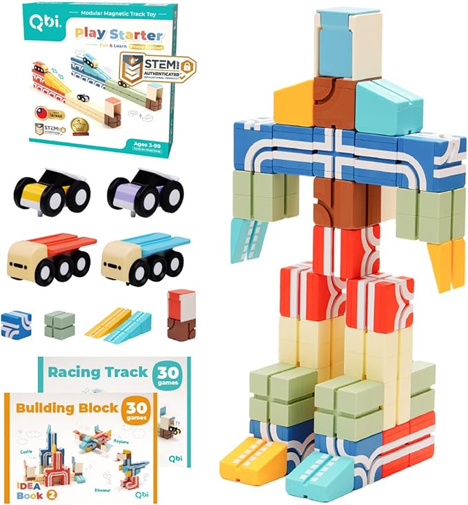 QBI Magnetic Blocks Play Starter Set｜4-in-1 STEM Building Blocks with 4 Cars & 3D Track Tiles｜Educational Sensory Magnet Toys｜Preschool Montessori Toys for Kids Ages 3-5-8 Year Old Boys and Girls