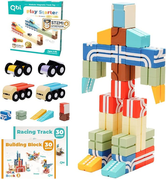 QBI Magnetic Blocks Play Starter Set｜4-in-1 STEM Building Blocks with 4 Cars & 3D Track Tiles｜Educational Sensory Magnet Toys｜Preschool Montessori Toys for Kids Ages 3-5-8 Year Old Boys and Girls