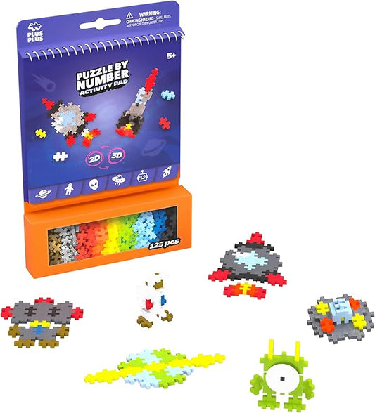 Plus Plus Puzzle By Number Activity Pad, Kids Travel Activities, Interlocking Mini Building Blocks, 3D Puzzle Stem Toy for Kids - Space
