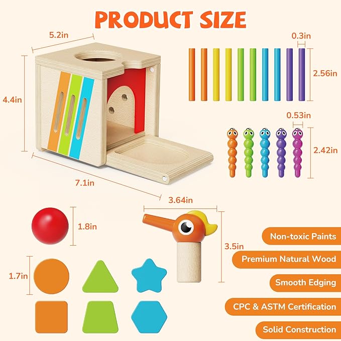 5-in-1 Wooden Activity Cube, Toddlers Montessori Toys for Baby Boys Girls, Baby Activity Center for 2+ Year Old, Woodpecker Worm Toy Magnetic Bird Feeding Game, Educational Color & Shape Sorting Toy