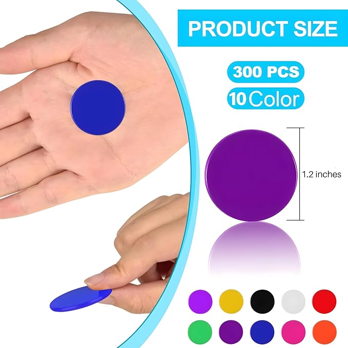 Coopay 10 Colors 1.2 Inches Plastic Learning Counters Disks Bingo Chip Counting Discs Markers for Math Practice and Poker Chips Game Tokens, 300 Pieces