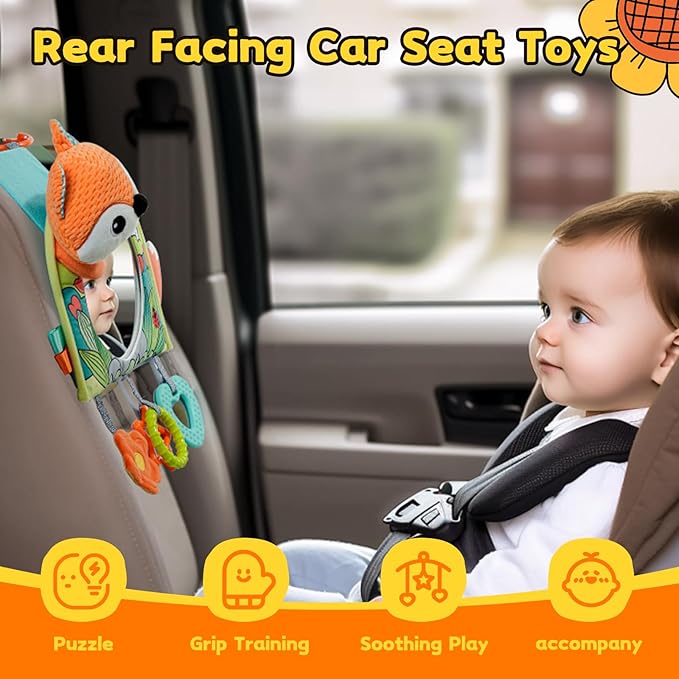 Koty Infant Car Seat Toy - Kick and Play Activity Center with Mirror, Teether and Crinkle Paper, Fun Travel Baby Toy for Rear Car Seat, Easier Drive with Newborns, Babies