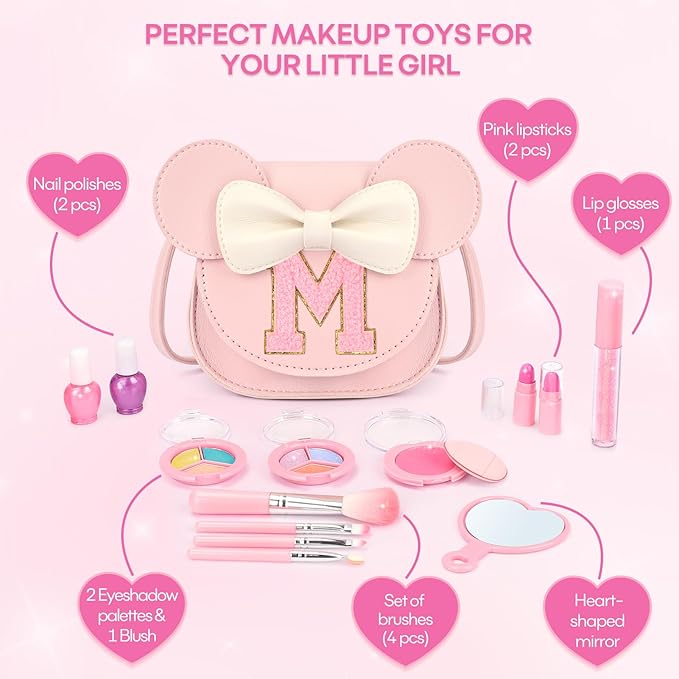 Kids Makeup Kit for Girls - 15 Pcs Real Washable Make Up Set - Non Toxic Toddlers Cosmetic with Letter Mouse Ear Purse - Dress up Birthday Gifts for 3 4 5 6 7 8 Years Old Girls - M