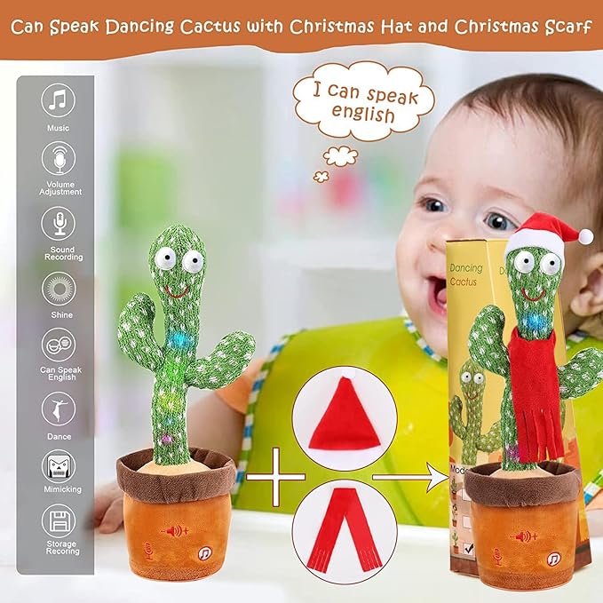Emoin Christmas Dancing Cactus Toy, Talking Cactus Baby Toys for Baby Christmas Toy Gift Singing Repeats What You Say Baby Interactive Plush