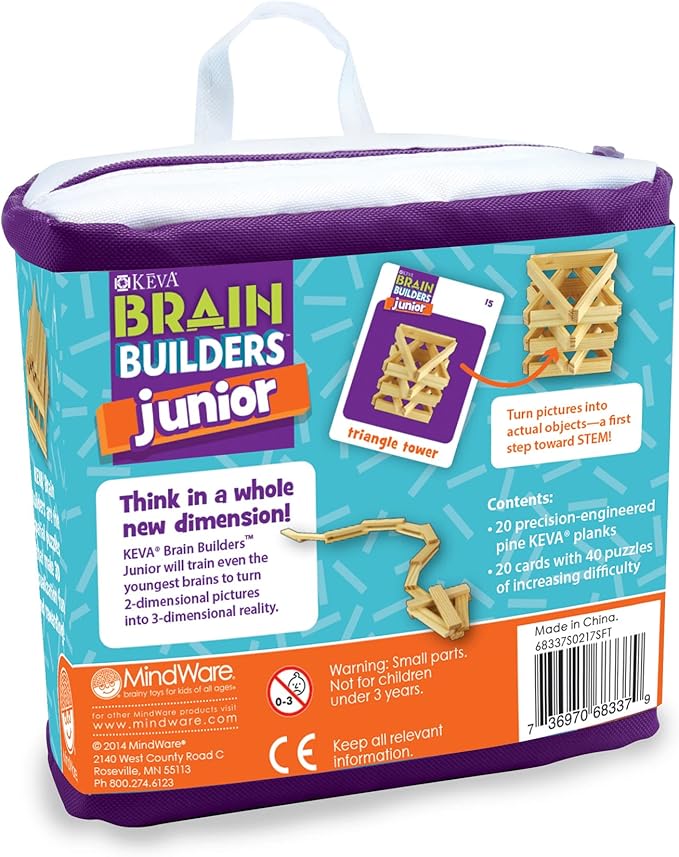 MindWare KEVA Junior Brain Builders Playset, 3D Puzzle Travel Game, 40 Wooden Building Block Challenges