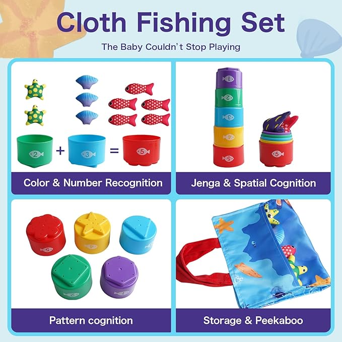 Toddler Montessori Sensory Toys for 1 Year Old - Baby Boy Girl Toys 1 Years Old Birthday Gift, Cloth Fishing Game with Stacking Cups,Number Counting and Color Sorting