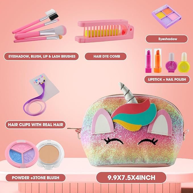 21Pcs Kids Makeup Kit for Girl, Princess Toys Real Washable Cosmetic Set with Sparkly Unicorn Purse, Kids Makeup Sets for Girls, Play Make Up Birthday Gifts for 3 4 5 6 7 8 9 10 11 12 Years Old Kid