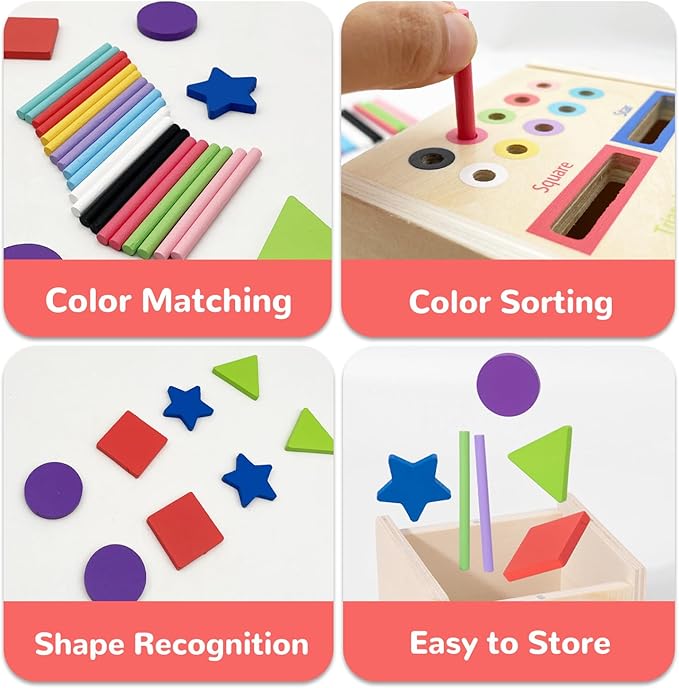 Wooden Montessori Toys for Toddlers, Color & Shape Sorting Matching Games, Fine Motor Skills Sensory Preschool Learning Educational Toys Baby Boys Girls Gifts (2 in 1)